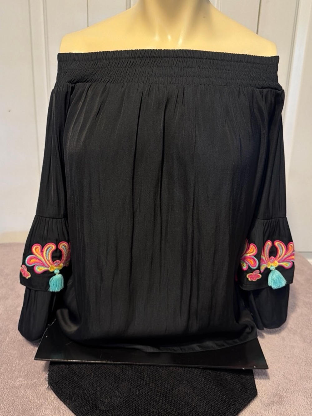 Lilly Pulitzer Black Off-Shoulder Shirt with Colorful Embroidered Sleeves